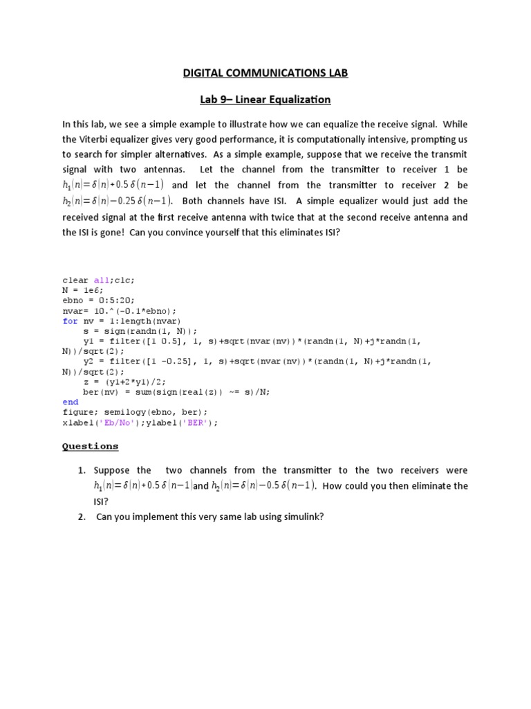 Digital Communications Lab Lab 9 Linear Equalization Questions PDF
