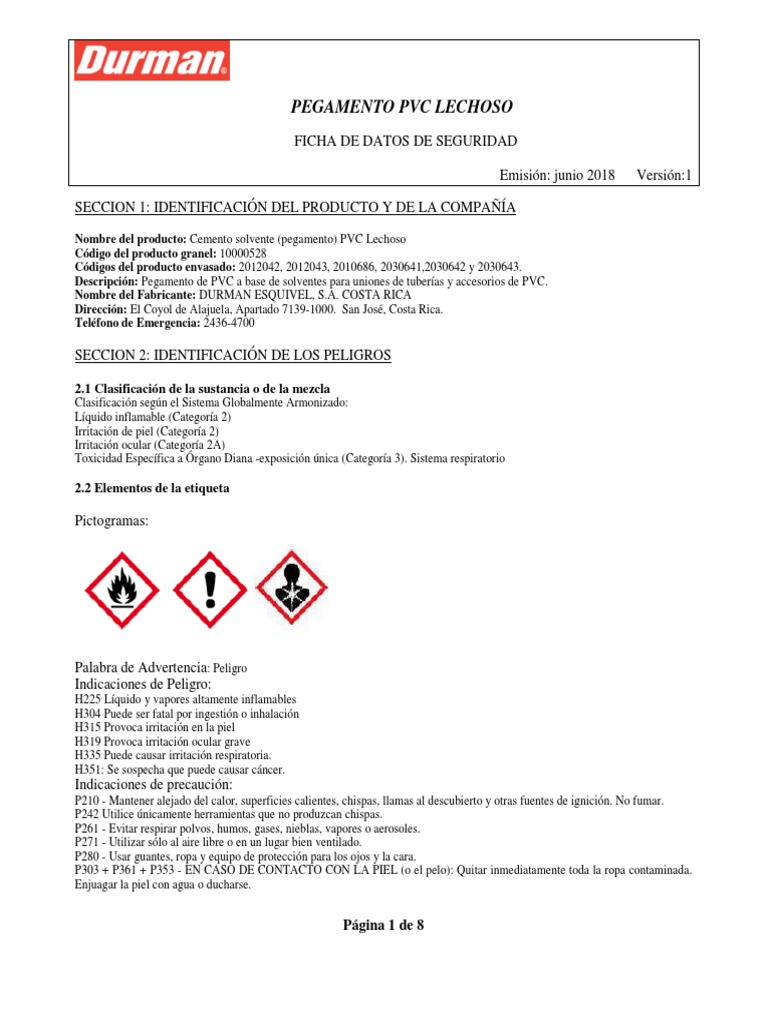 FDS Pegamento PVC Lechoso PDF | PDF | Solubilidad | Solvente
