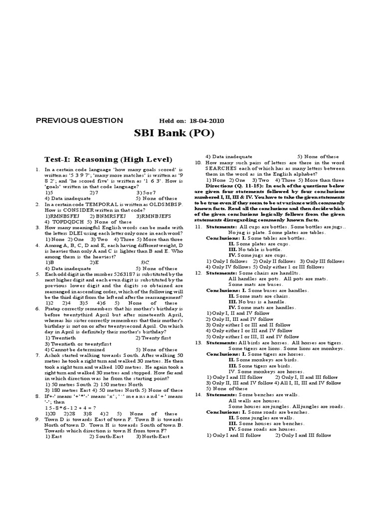 SBI Bank (PO) : Test-I: Reasoning (High Level) | PDF | Subsidy | Poverty