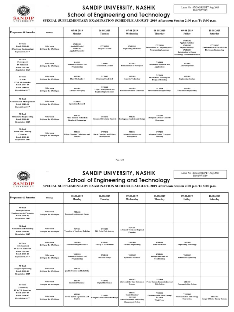 SPECIAL SUPPLEMENTARY EXAMINATION SCHEDULE AUGUST2019 Afternoon