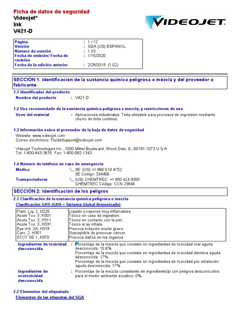 HOJA DE SEGURIDAD DEL INK V421D (Tinta Videojet) PDF Agua Residuos