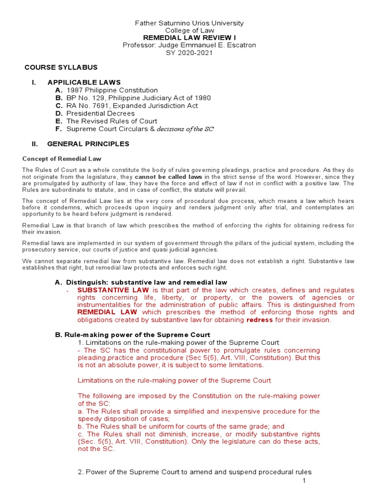 Remedial Law Review Course Syllabus | PDF | Jurisdiction | Equity (Law)