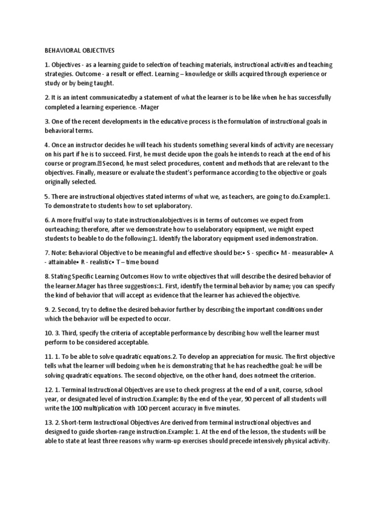 Behavioral Objectives SS114 | PDF | Instructional Design | Educational ...