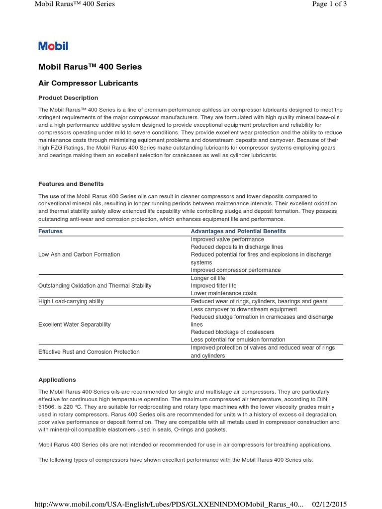 TDS-Mobil - Rarus 400 Series PDF | PDF | Exxon Mobil | Lubricant