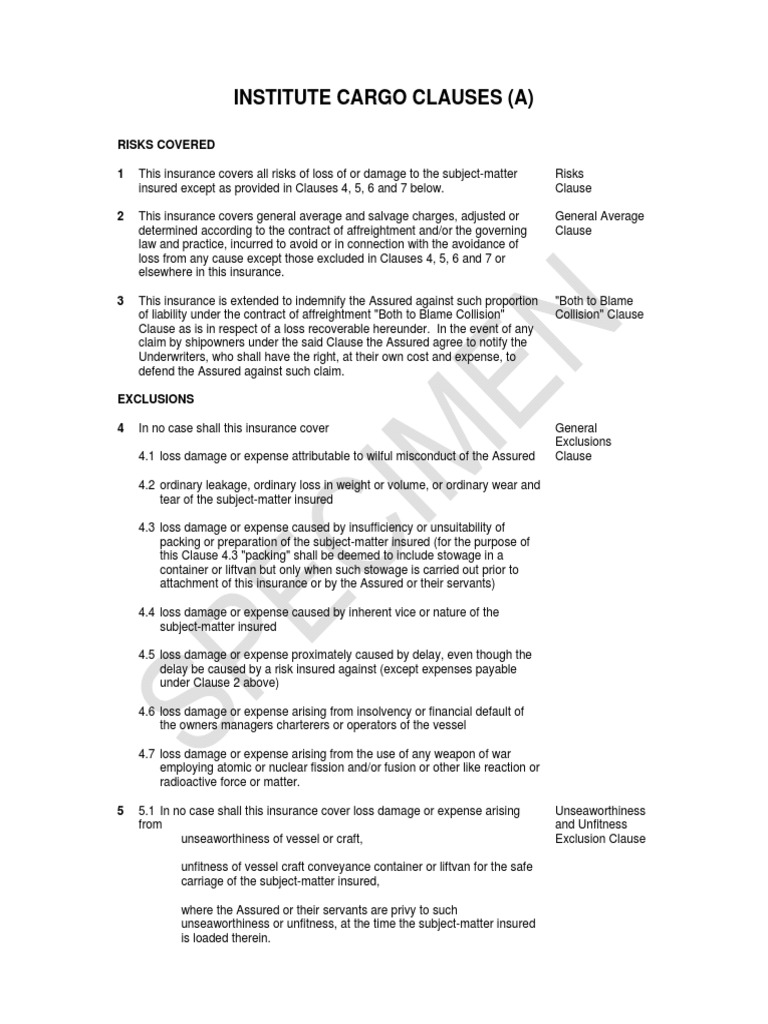 Institute Cargo Clauses A PDF Insurance Civil Law (Legal System)