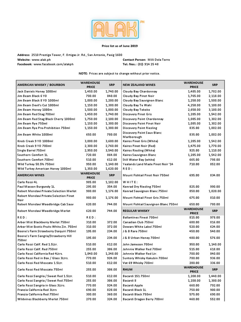ALAK PRICELIST June 2019 | PDF | Fermented Drinks | Whisky