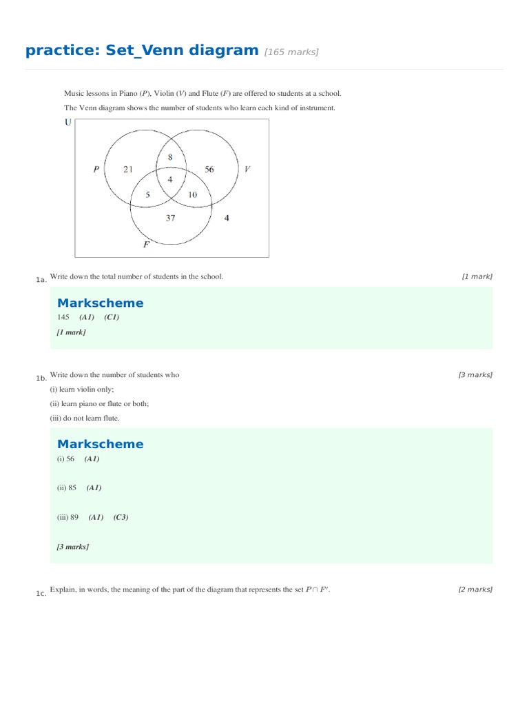 Practice: Set - Venn Diagram: Markscheme | PDF | Bracket | Fraction ...