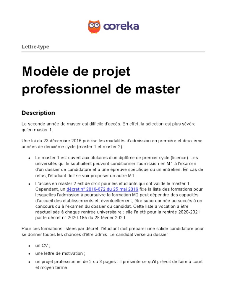 Ooreka Modele Projet Professionnel Master Pdf Connaissances Psychologie