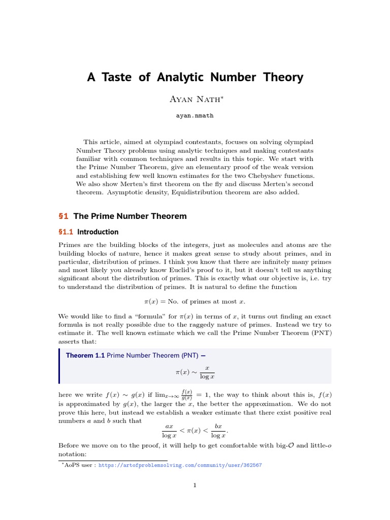 A Taste of Analytic Number Theory Ayan Nath PDF Prime Number Numbers