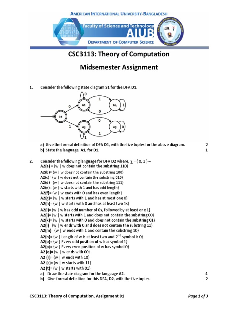 CSC3113: Theory of Computation, Assignment 01 | PDF | Theoretical ...