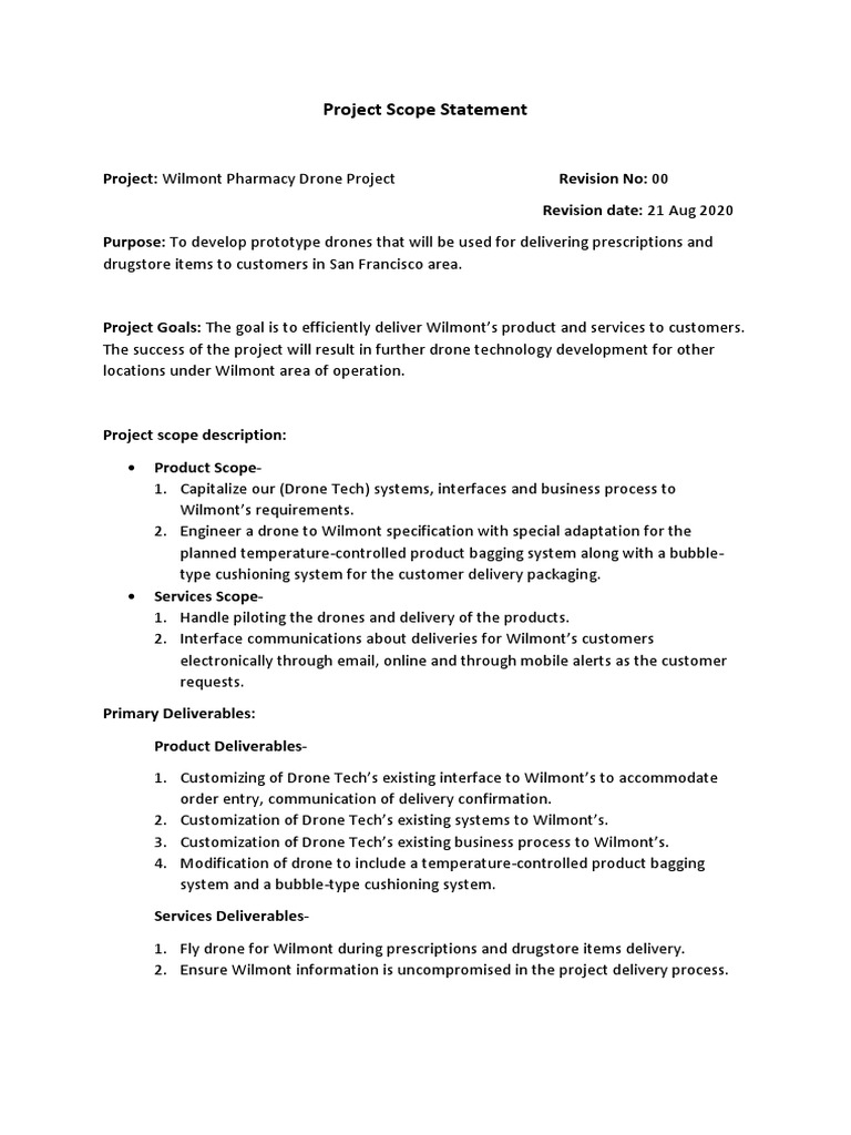 Project Scope Statement PDF | PDF | Unmanned Aerial Vehicle | Pharmacy