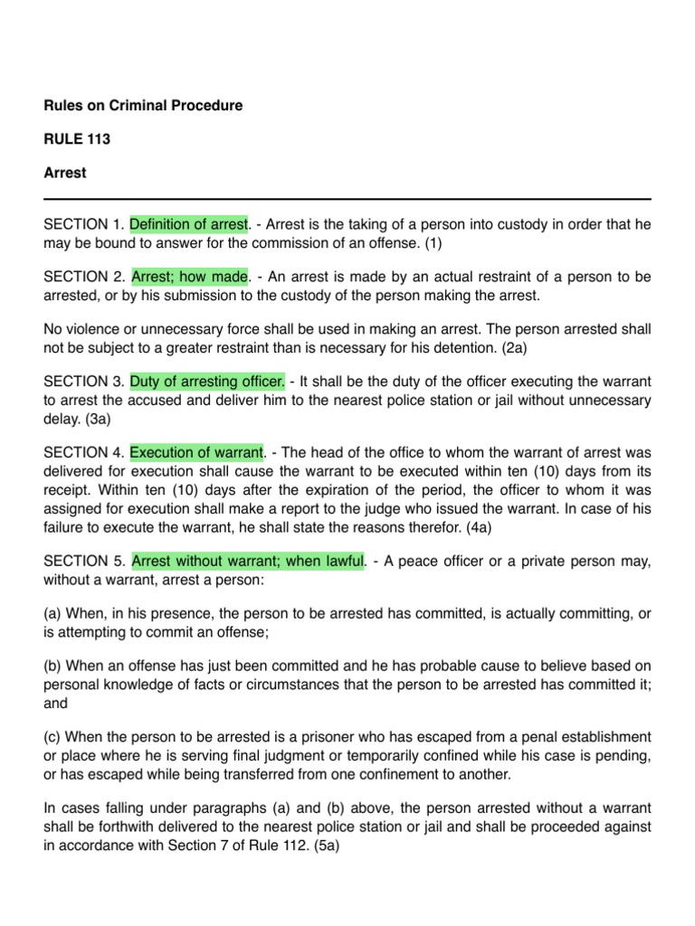Rules On Criminal Procedure RULE 113 Arrest | PDF | Arrest | Arrest Warrant