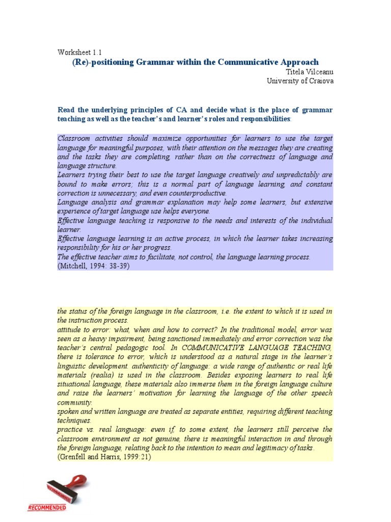 Grammar in Communicative Language Teaching | PDF | Language Education ...