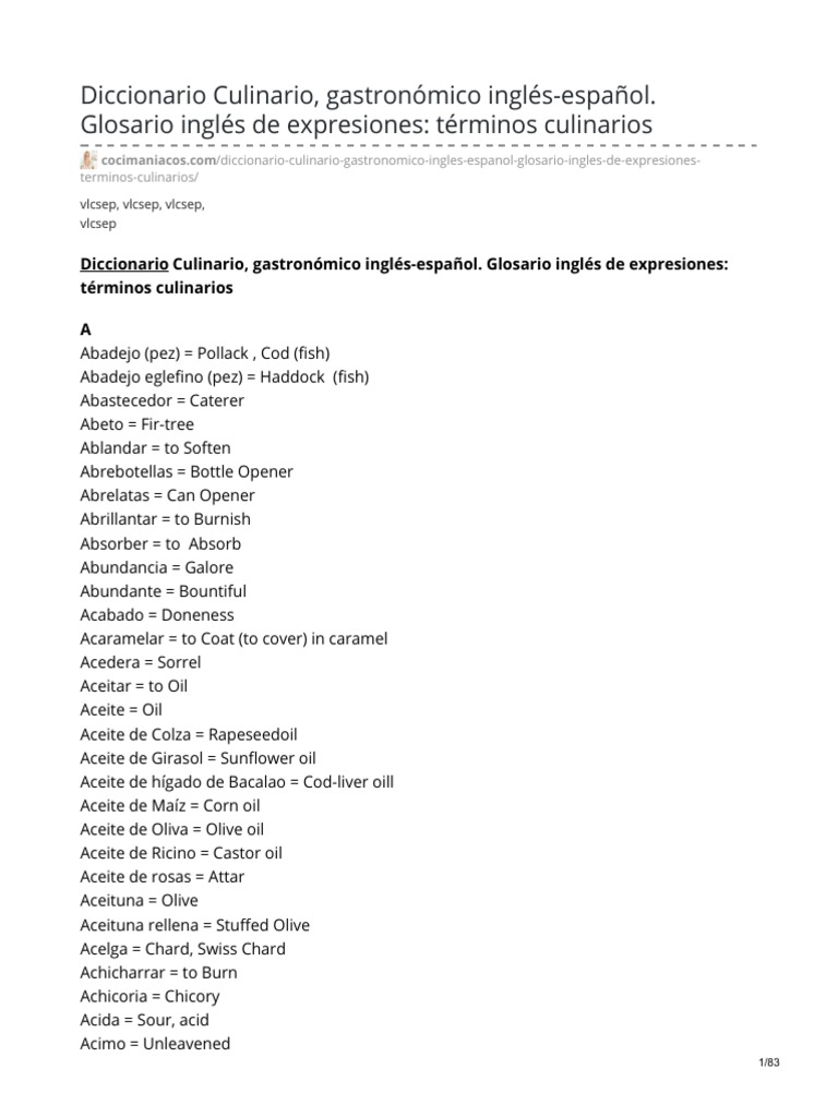 Diccionario Culinario Gastronómico InglésEspañol Glosario Inglés de Expresiones Términos