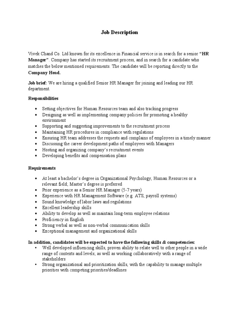 Job Description Senior HR Manager PDF Human Resources Recruitment