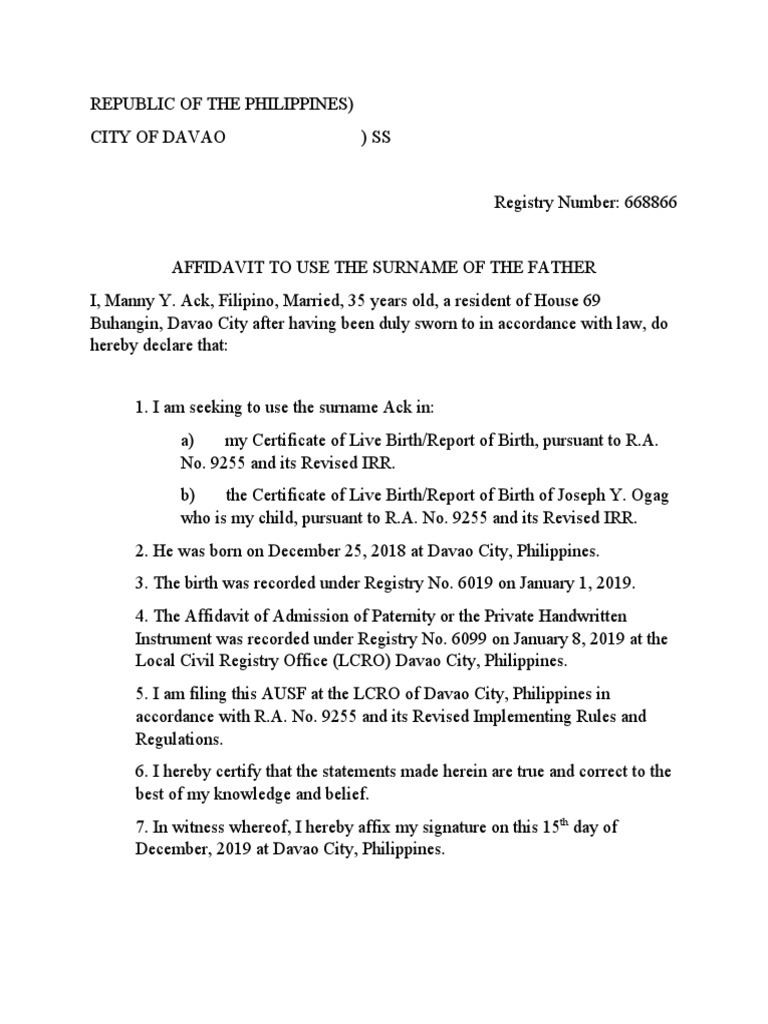 Affidavit To Use The Surname Of The Father Jmc Lawww Pdf Affidavit Evidence