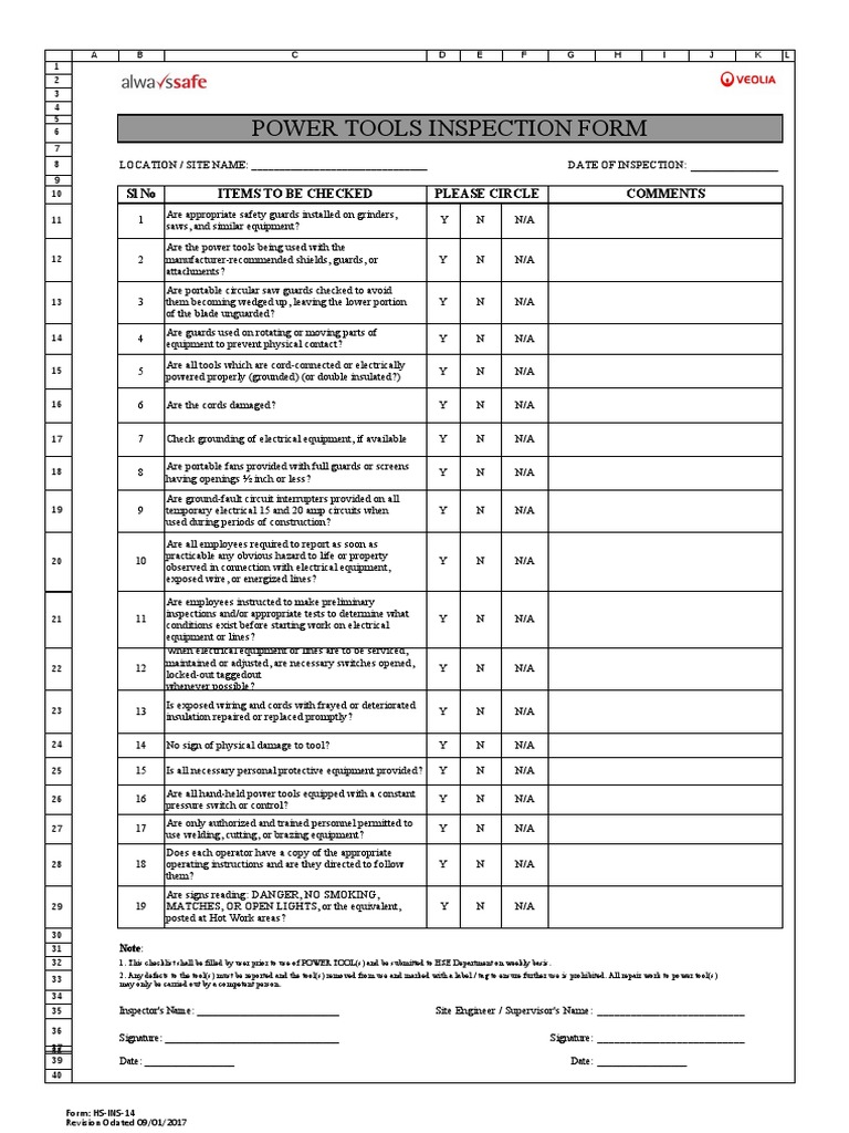 Power Tools Inspection Checklist Form | PDF | Switch | Electrical Wiring
