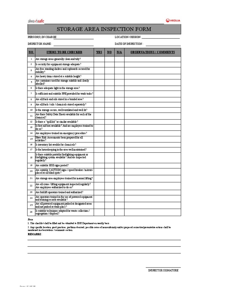 Storage Area Inspection Checklist | PDF | Firefighting | Prevention