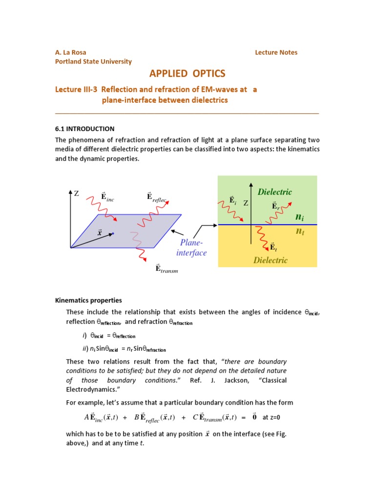 Reflection and Refraction in Dielectrics | PDF | Reflection (Physics ...