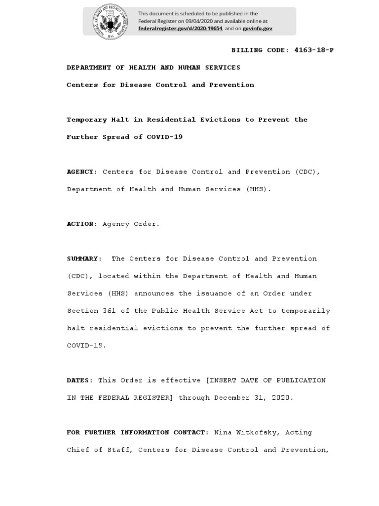 CDC Eviction Moratorium Emergency Order | PDF | 2009 Flu Pandemic | Lease