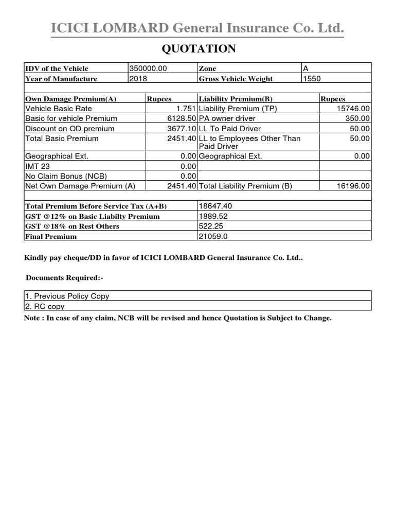 ICICI Lombard Insurance Quotation Details | PDF