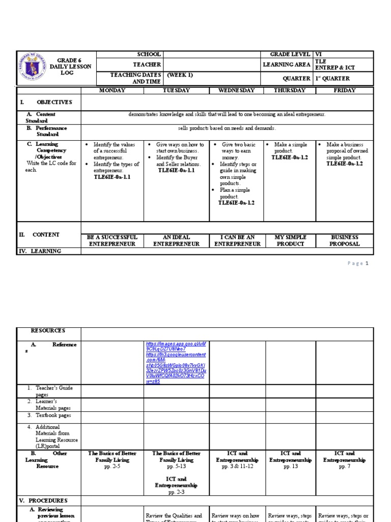 Grade 6 DLL: ICT & Entrepreneurship Q1 | PDF | Educational Technology ...