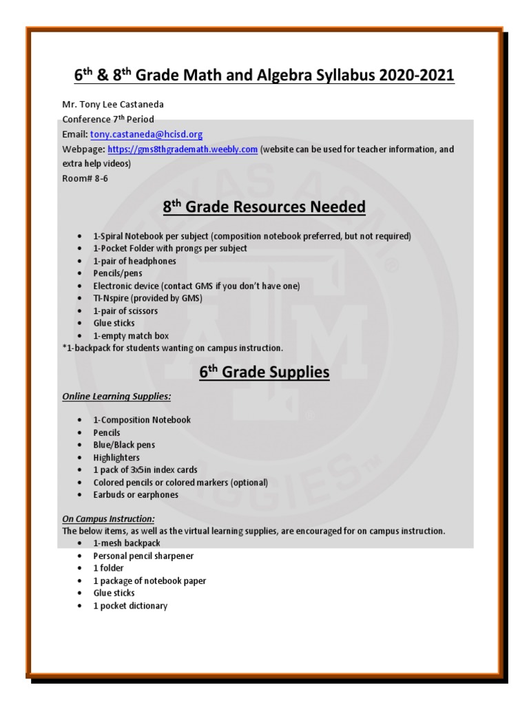 6th & 8th Grade Math Syllabus 2020-2021 | PDF | Homework | Test ...