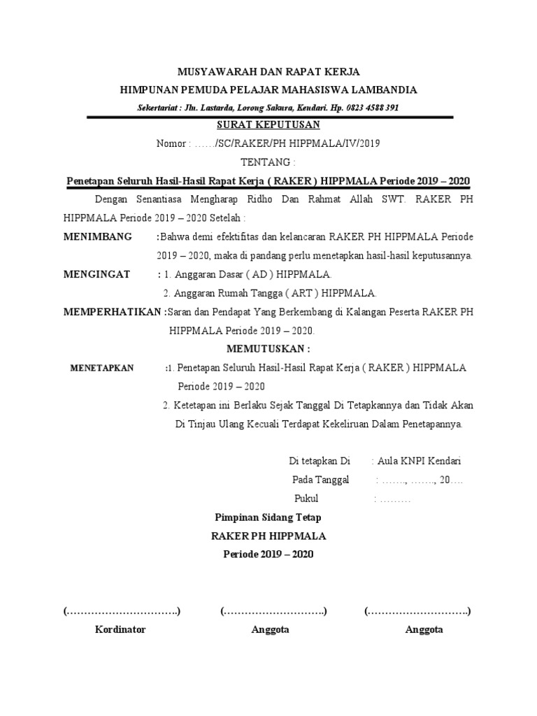 Surat Keputusan Penetapan Seluruh Hasil Rapat Kerja (Raker) | PDF