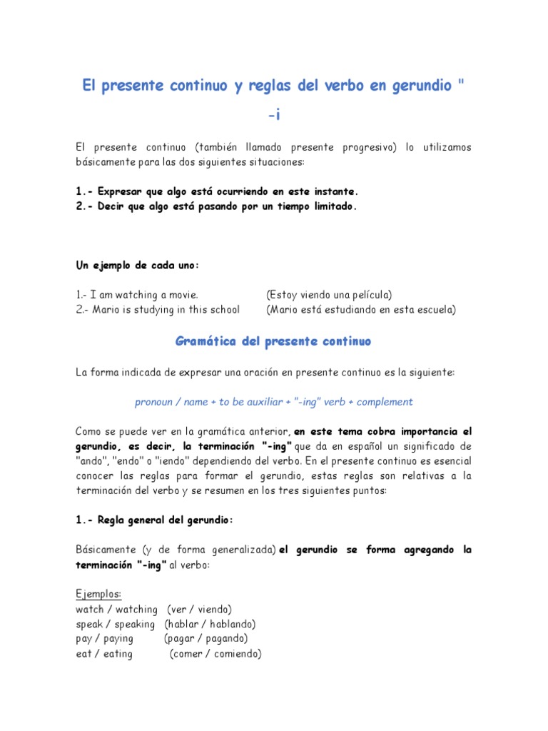 El Presente Continuo y Reglas Del Verbo en Gerundio Ingles | PDF ...