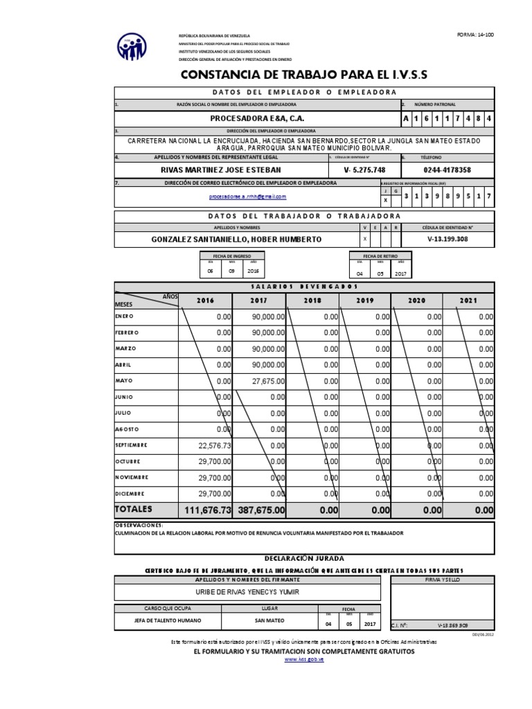 Forma 14-100 Constancia de Trabajo para El Ivss | PDF | Venezuela