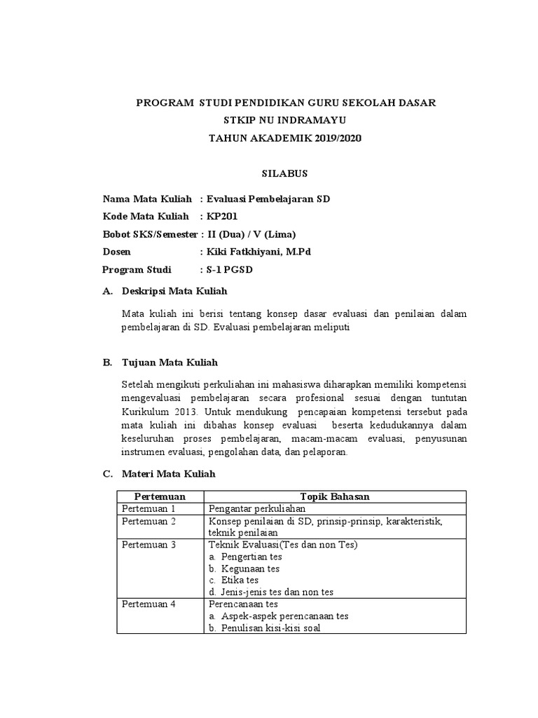 Silabus Evaluasi Pembelajaran 1