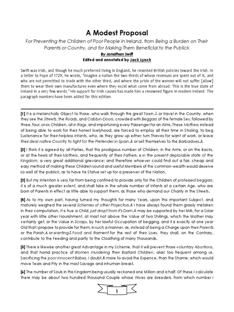 Swift's Irony in A Modest Proposal | PDF | Jonathan Swift