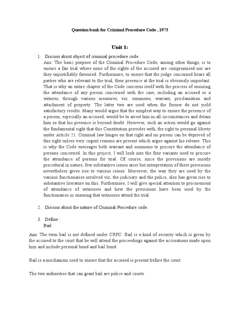 Criminal Procedure Code Question Bank | PDF | Bail | Criminal Procedure ...