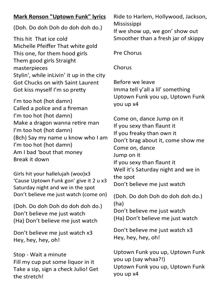 Mark Ronson Uptown Funk Lyrics