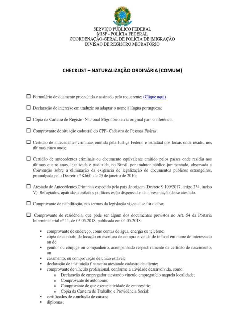 Checklist para Naturalização Ordinária | PDF | Ensino Superior ...