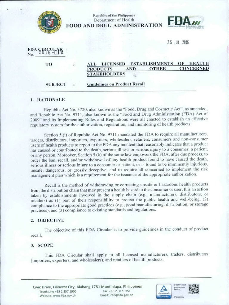 FDA Circular No. 2016-012 PRODUCT RECALL GUIDELINE PDF | PDF