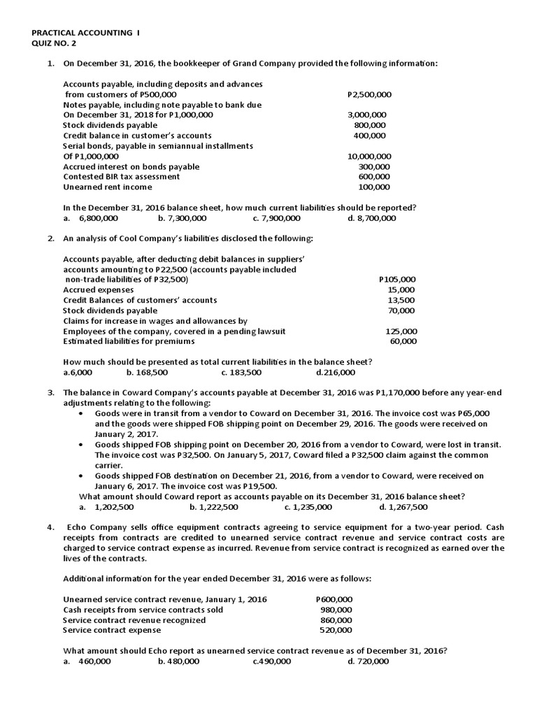 Practical Accounting I Quiz No 2 Preferred Stock Accounts Payable