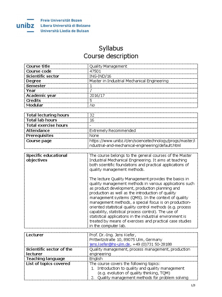 Quality Management Course Syllabus | PDF | Quality Management | Statistics
