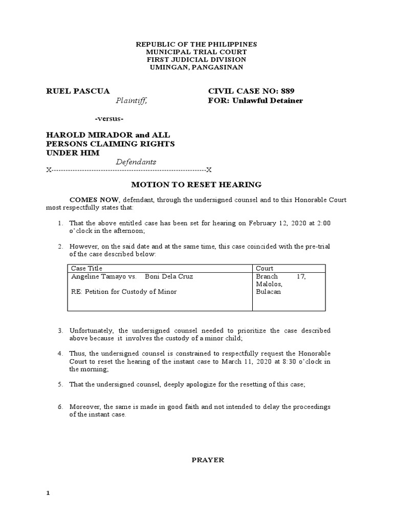 Motion To Reset Hearing Harold Mirador PDF Courts Justice