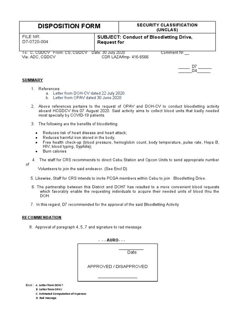 Disposition Form: SUBJECT: Conduct of Bloodletting Drive, Request For ...