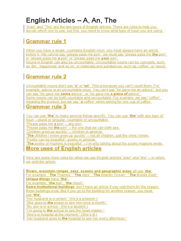 English Articles - A, An, The: Grammar Rule 1 | PDF | Noun | Semantic Units