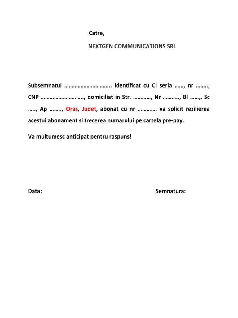 Cerere de Reziliere NEXTGEN COMMUNICATIONS SRL | PDF