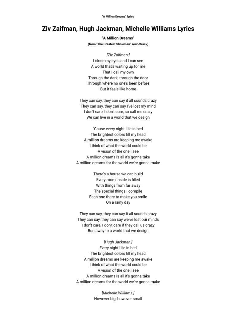 A Million Dreams Text
