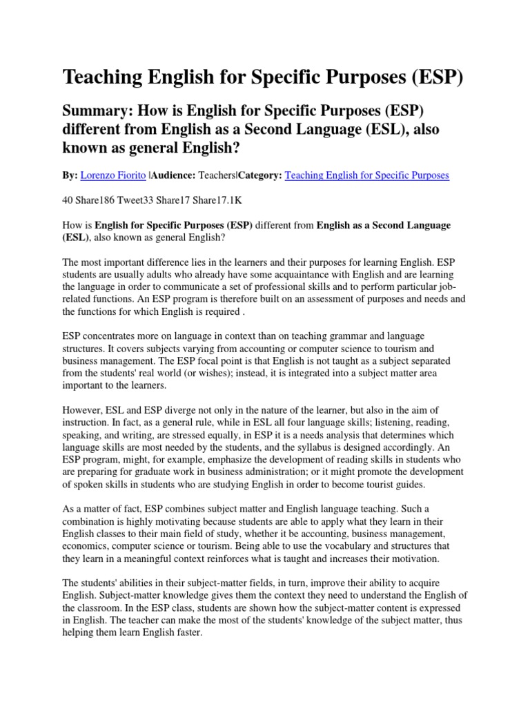 Teaching English For Specific Purposes (ESP) | PDF | English As A ...