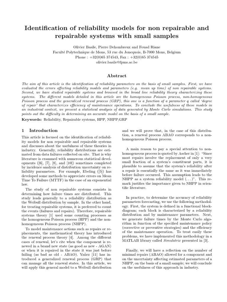 Reliability Models for Small Samples | PDF | Reliability Engineering ...
