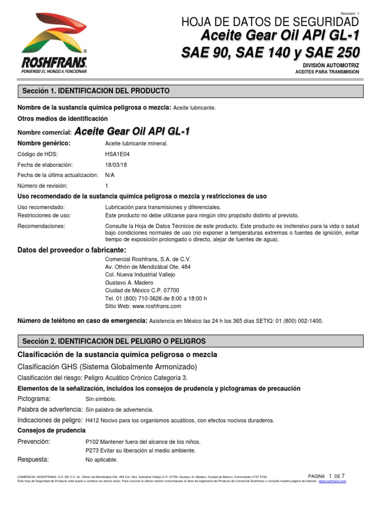 Hoja de Seguridad GEAR OIL API GL1 SAE 90 PDF Residuos Agua