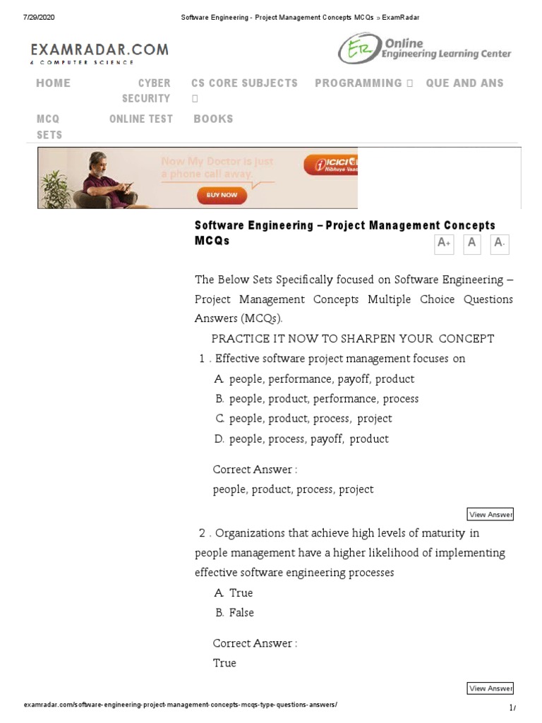 Software Engineering Project Management Concepts MCQs ExamRadar 1 PDF Multiple Choice