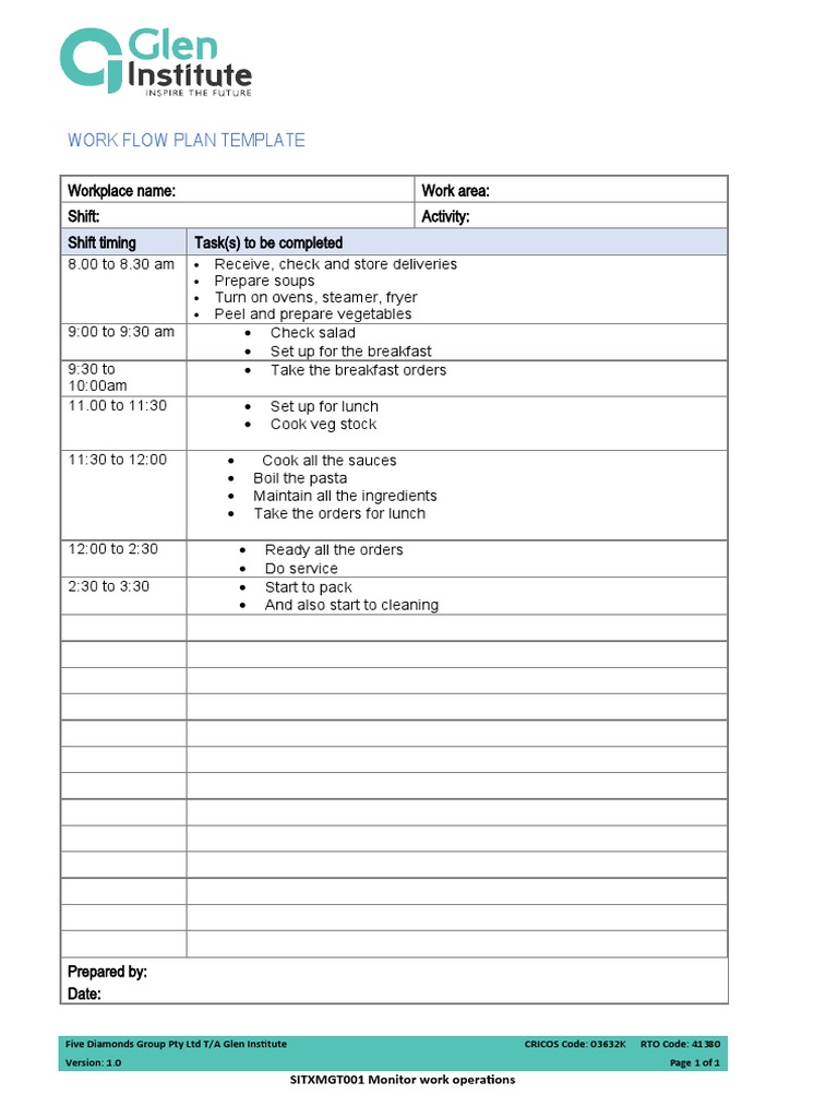 Work Flow Plan Template | PDF | Cooking, Food & Wine