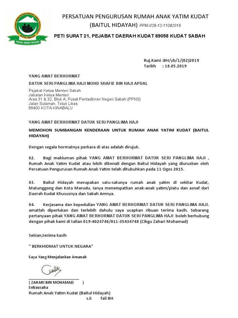 Surat Mohon Sumbangan Datuk Seri Panglima Haji Mohd Shafie Bin Haji Apdal Pdf