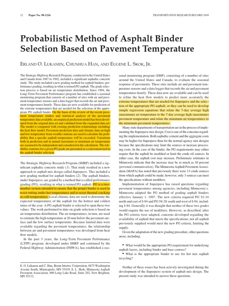 Probabilistic Method of Asphalt Binder Selection Based On Pavement ...